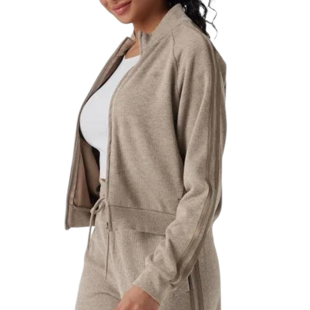 NWOT Halara Ribbed Stand Collar Long Sleeve Zipper Jacket Beige Stripe XS